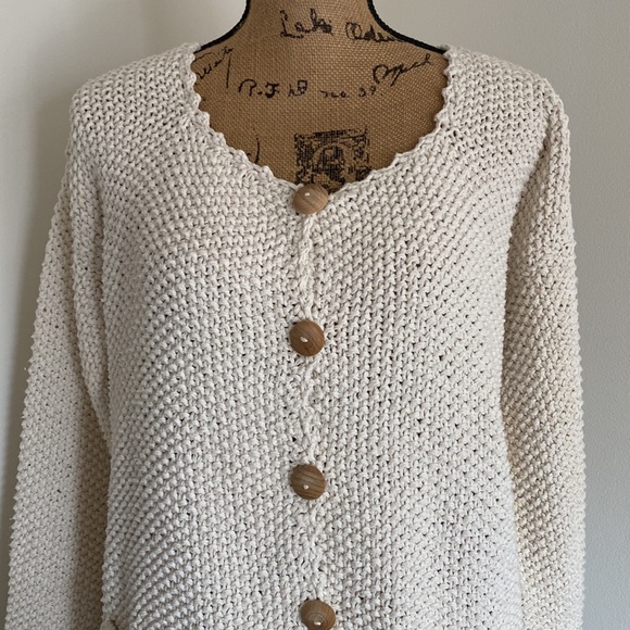Pure Womens White Cotton Long Sleeve Handknit Button Up Cardigan Sweater L/XL - Picture 2 of 10